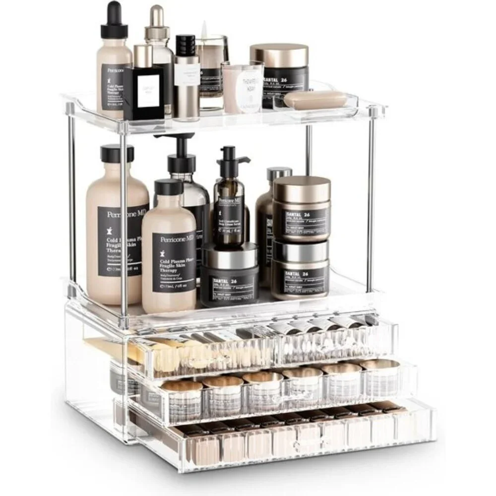 New 2-Tier Amber Clear Bathroom Organizer, Vanity Storage with 4 Drawers